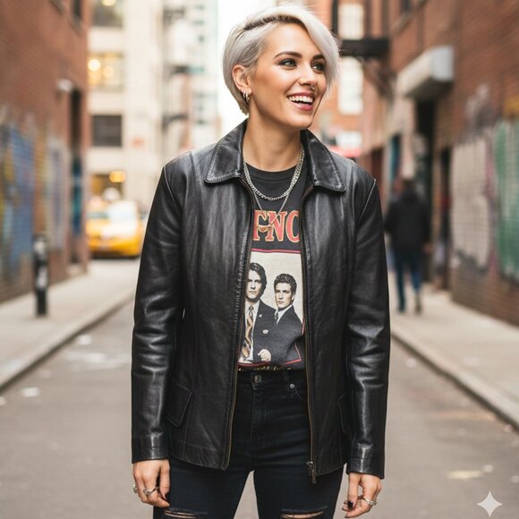 Vintage Jackets & Blazers - Vintage Edarly Calf Skin Leather Jacket Black Zipper Fitted Lined Coat Mexico